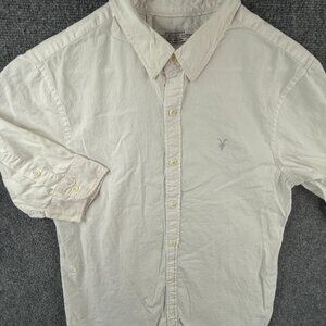 Allsaints Men Short Sleeve Redondo Button Up Shirt White Pink Hue Cotton Woven